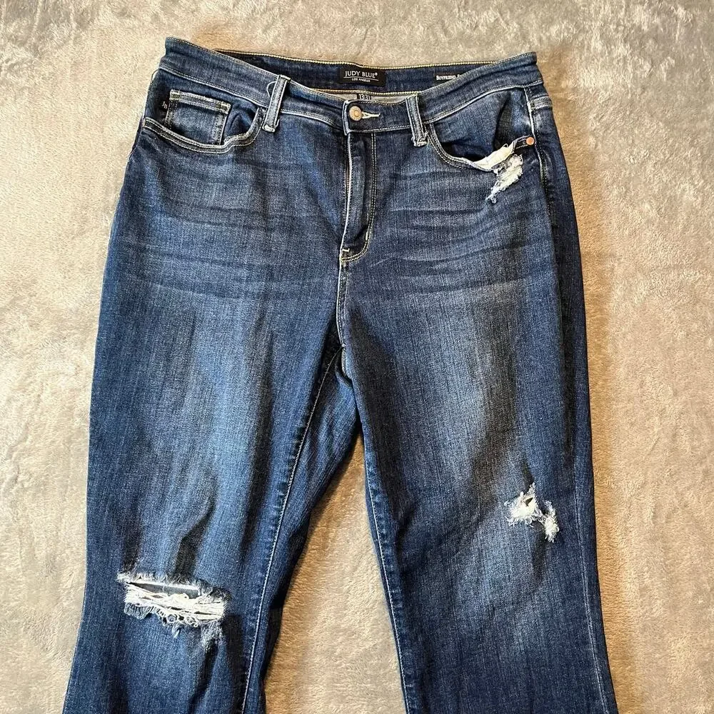 Judy Blue High Waisted Boyfriend Fit Distressed Denim Blue Jeans Women's‎